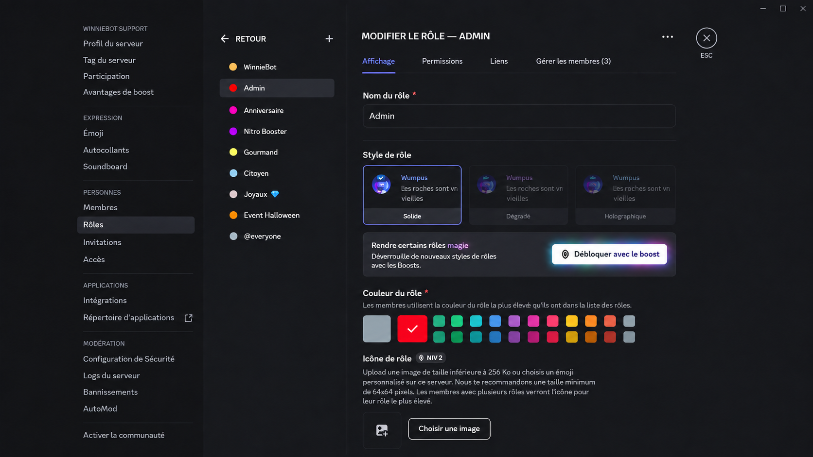 Fenêtre Discord permettant de configurer les rôles WinnieBot
